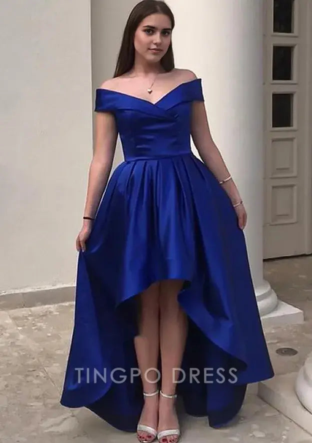 TingPo Wholesale Elegant A-line Off-the-Shoulder Sleeveless Satin Asymmetrical Homecoming Dress With Ruffles